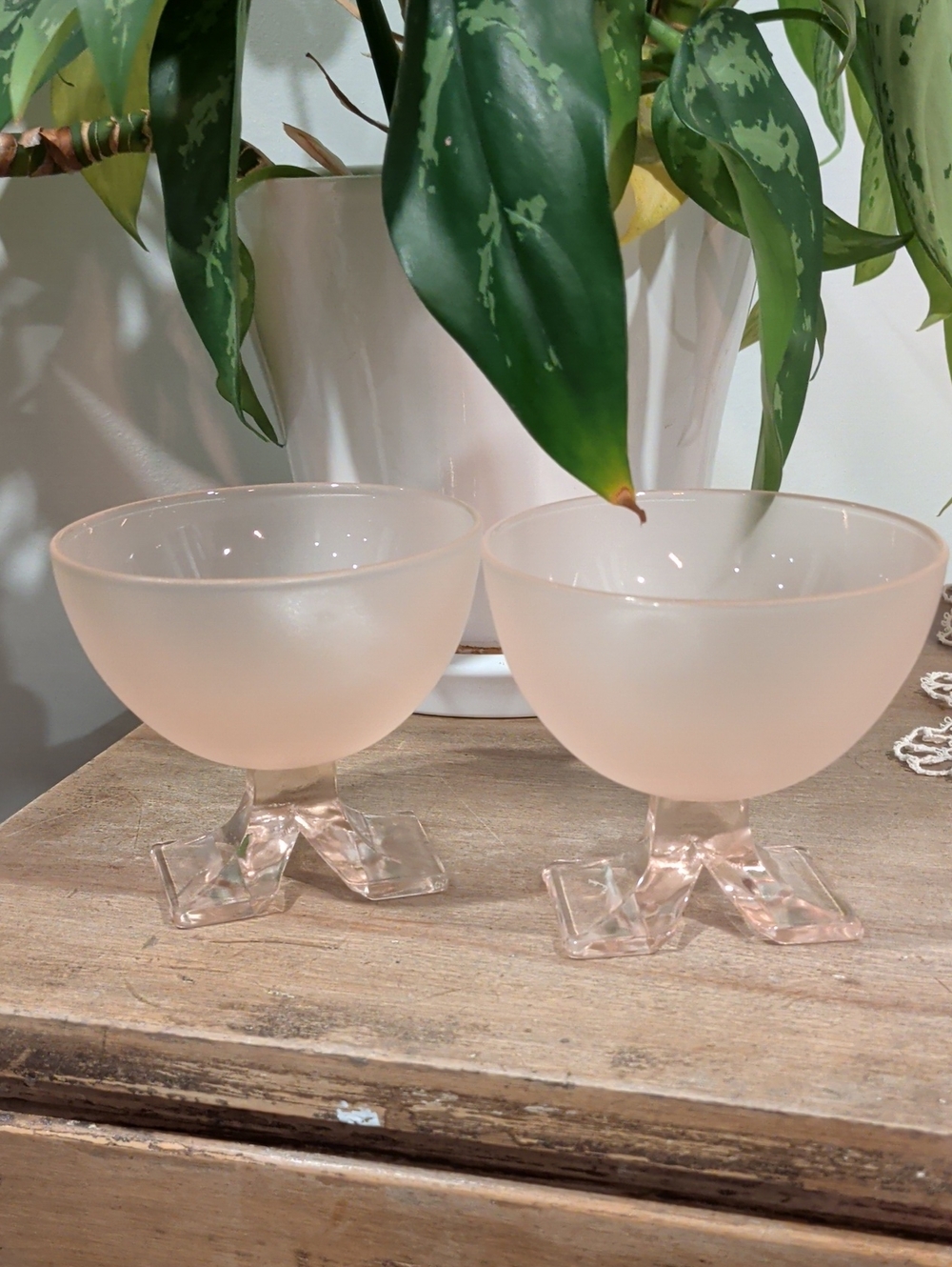 Vintage Frosted Pink Glass Dessert Coupes - Set of 2